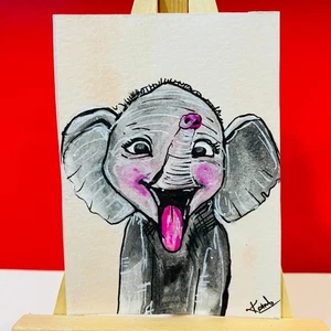 ACEO Funny Happy Elephant with Pink Tongue Whimsical Acrylic Painting Art Card - Picture 1 of 5