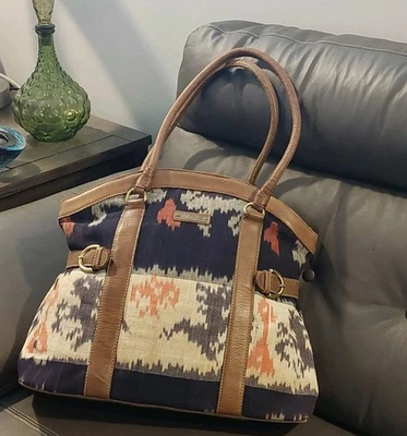 BOLSO DE VIAJE CLEOBELLA Ikat/Cuero Tribal Suroeste 17"×15"×6" Fin de semana  Foto 1 de 4