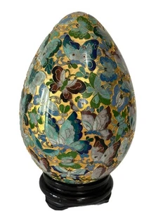 GROSSES VINTAGE 10" vergoldetes chinesisches Cloisonne Gold Ei mit Schmetterlingen auf Ständer SCHÖN - Bild 1 von 9