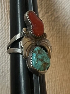 Vintage Navajo RING 925 Silber Türkis Nugget & Koralle Schmuck - Bild 1 von 11