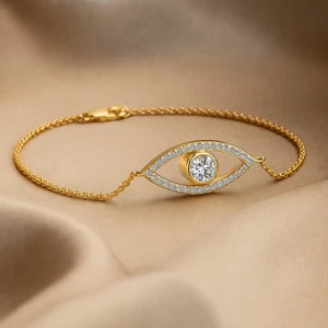 Lab Grown Diamond Solid 14k Gold April Birthstone evil eye Bracelet #1001 - Picture 1 of 19