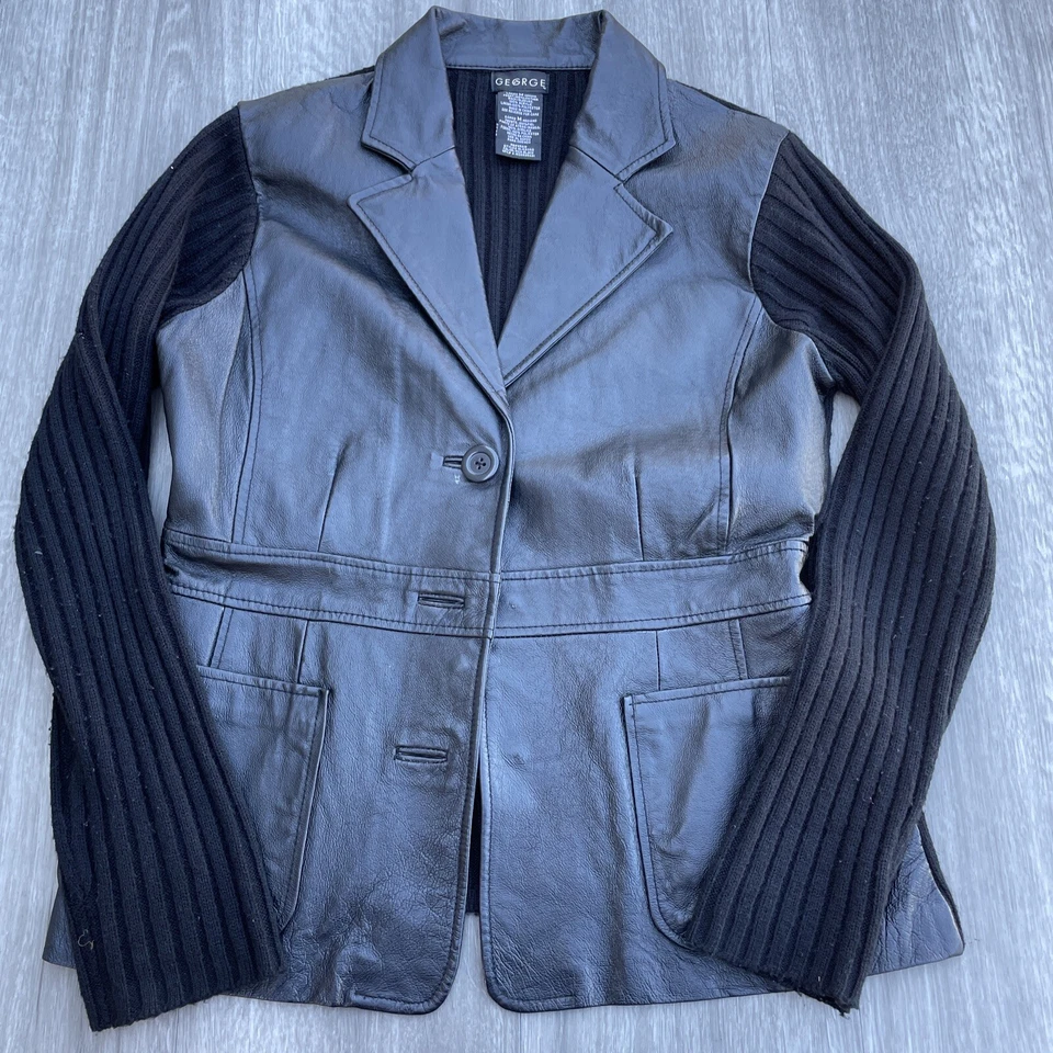 George Blazer Cardigan Size Medium 100% Leather Knit Black Long Sleeve Button - Imagem 1 de 4