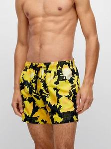 HUGO Hugo Boss Swim Trunks Yellow / Black Abstract Floral Quick Dry sz XL New - Picture 1 of 9