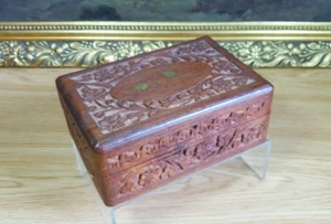 Vintage Music Box Indian Hand Carved Wood Design Hinged Lid - Picture 1 of 23