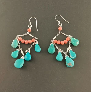 9927737 925er Silver Earrings Koralle-Türkis-Ohrringe 3x7cm - Picture 1 of 3