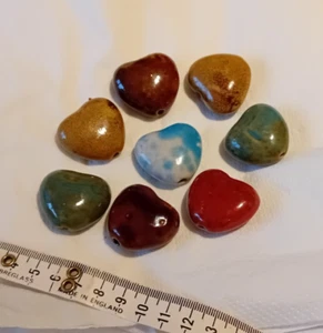 8 x Glazed Large Porcelain Ceramic Heart Beads Assorted Green Red Blue Purple - Picture 1 of 2