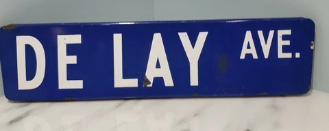 BLUE Porcelain Street Sign Enamel Over Metal Double sided DELAY AVE Vintage 24" Cover