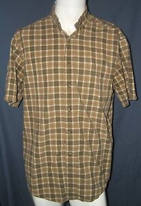 LL Bean Men's M-Reg Short Sleeve Button Up Green Brown Plaid Shirt