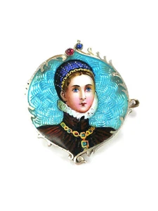 pretty old brooch - "noble lady" - translucent enamel - circa 1900 - 800 silver - Picture 1 of 8