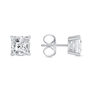 IGI F/VS 2 Ct Princess Lab Created Grown Diamond Earrings 14K White Gold Push - Picture 1 of 3