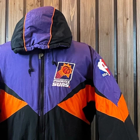 Vintage Pro Player Pheonix Suns NBA Basketball Zip Hood Puffer Jacket Size Large Cover