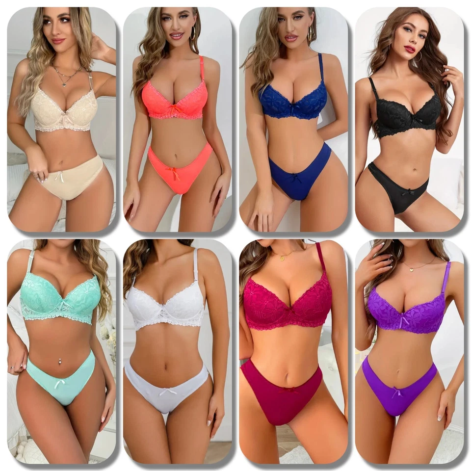 gepolsterte Damen Push Up Spitze BH Set String Tanga Dessous Unterwäsche 75A-90B - Bild 1 von 1