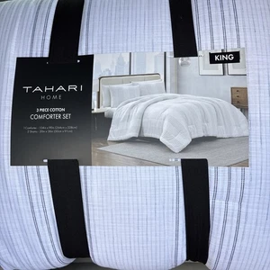 Tahari Home KING 3 Pc Comforter Set White Striped 96% Cotton 4 % Polyester NWT - Picture 1 of 5