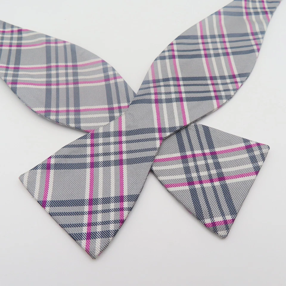 Black Brown Bow Tie Silk Gray Black Pink Plaid 2.25" Wide Self Tie - Image 1 of 4