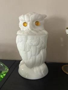 WHITE Milk Slag OWL JAR Glass Eyes Candy Dish - Picture 1 of 1