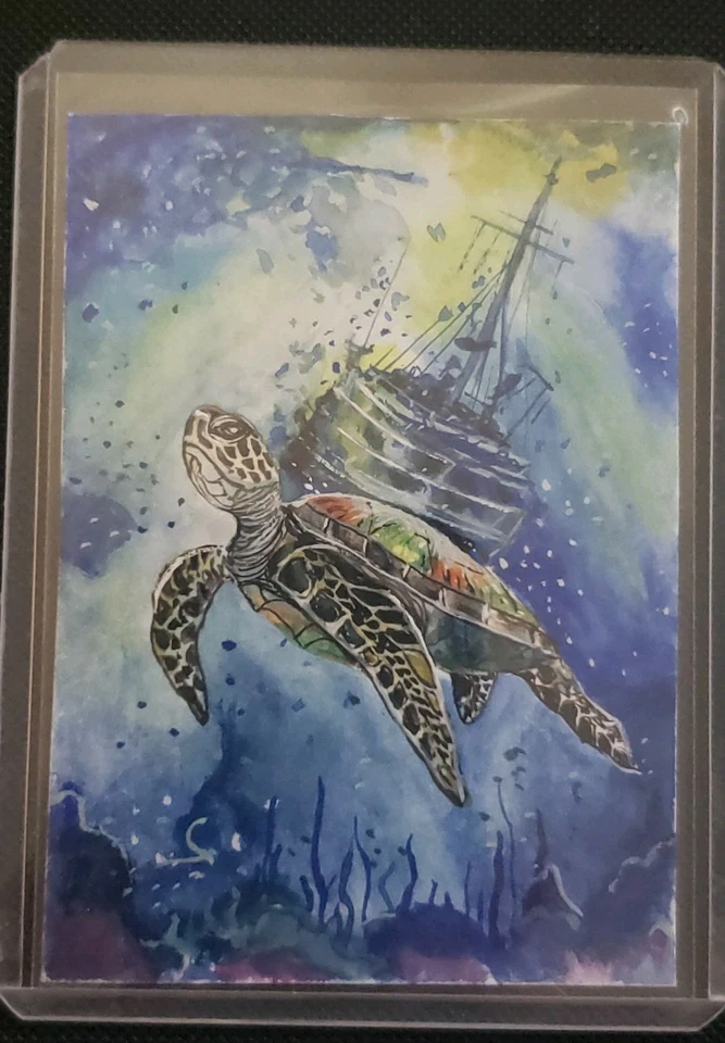 ACEO OOAK ORIGINAL HAND PAINTED WATERCOLOR Sea Turtle/Shipwreck Signed By Artist - Image 1 of 3
