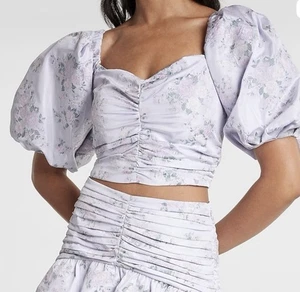 Express Cottagecore Fairycore Lilac Floral Puff Sleeve Ruched Crop Top L - Picture 1 of 3