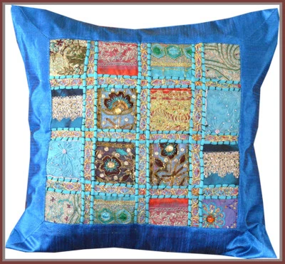 Hand Crafted Vintage Embroidered Patch Work Turquoise Silk Pillow Cushion Cover - Image 1 of 4