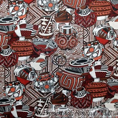 BonEful Fabric FQ Cotton Brown B&W Ethnic Flower VASE Africa Indian Red Clay Pot - Image 1 of 4