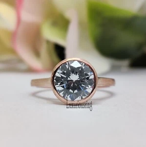 1.35 Ct Colorless Round Cut Moissanite Bezel Set Engagement Ring 10k Rose Gold 7 - Picture 1 of 8
