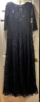 Maxi Vestido Teri Jon Azul Marino Manga 3/4 Encaje Ilusión Talla 10 Foto 1 de 4