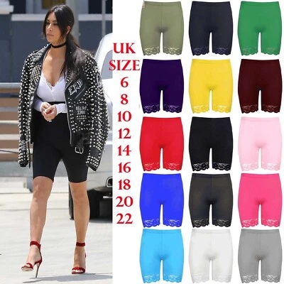 Ladies Hot Pants Jersey Gym Biker Tights Womens Scallop Lace Trim Cycling Shorts - Image 1 of 4