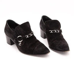 CHANEL Black Mocassin heeled Loafer suede Calfskin CC logo charm w/ chain EU 40 - Picture 1 of 11