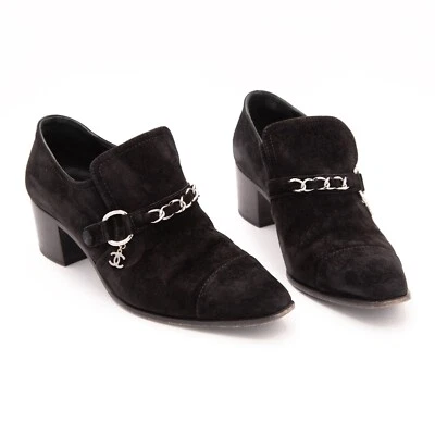 CHANEL Black Mocassin heeled Loafer suede Calfskin CC logo charm w/ chain EU 40 - Image 1 of 4
