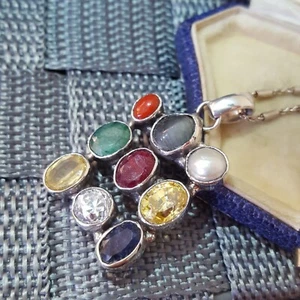Vintage 925 Sterling Silver Necklace, Multi Gemstones Pendant, Ruby, Sapphire - Picture 1 of 7