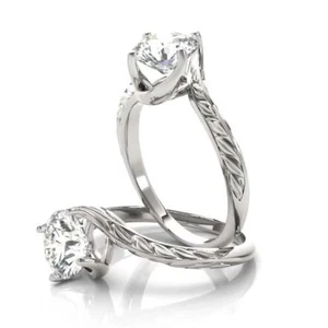Forever Brilliant Moissanite Twisted Swirl Prong Solitaire Engraved Band Ring - Picture 1 of 3