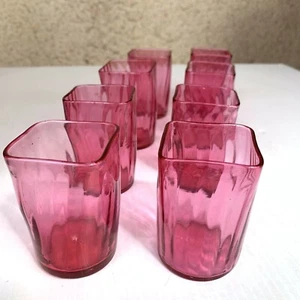 8 x Antique Victorian English Cranberry Glass Tumblers Square Rims Round Bases - Picture 1 of 24