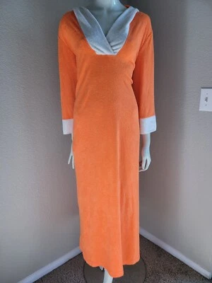 VTG Montgomery Ward Long Hooded Terry Lounge Dress 70s pool orange leisure swim - Image 1 of 4