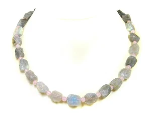 Edelsteinkette aus Labradorith-Rohstein und Zwischenperlen aus Rosenquarz - Picture 1 of 2