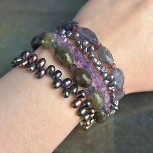 Sterling Silver 925 Labradorite Amethyst Pearl Multi Gem Strand Wide Bracelet - Picture 1 of 14