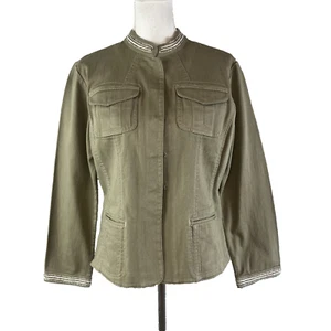 Chico's Olive Green Denim Jean Jacket size 8 10/1 Beads Pockets Stretch Casual - Picture 1 of 11