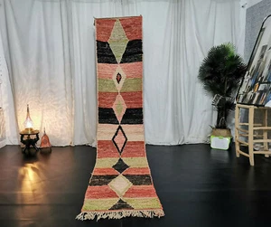 Boujaad Handmade Vintage Wool Moroccan Runner 2x10'6 Striped Red Green Black Rug - Picture 1 of 12