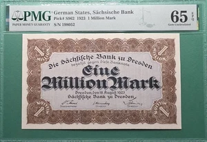 1923 GERMANY STATE SACHSISCHE BANK 1 MILLION MARK P# S962 PMG 65 EPQ GEM UNC - Picture 1 of 2