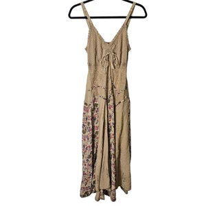 Vintage großes beige 100 % Viskose Midikleid Babydoll bestickt Blumen Patchwork Boho - Bild 1 von 8