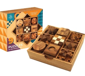 9-in-1 Wooden Brain Teaser Puzzle Set – 3D Interlocking Puzzles for Adults, Kids - Picture 1 of 8