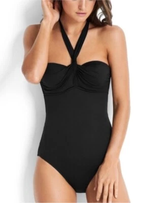 NUEVO CON ETIQUETAS TRAJE DE BAÑO SEAFOLLY ANTHROPOLOGIE NEGRO ENVOLVENTE BANDEAU DE UNA PIEZA MAILLOT US 6 Foto 1 de 4