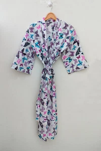 Indian Butterfly Print 100%Cotton Multi Robe Gown Hippie Women Maxi Kimono Dress - Picture 1 of 5