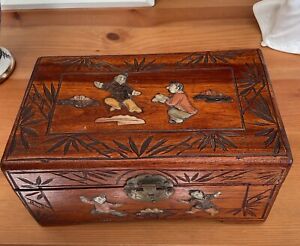 Chinese Antique Wood Box  With Raised Figures Hand Coloured