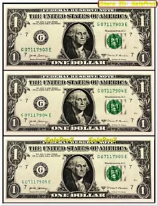 3x USA 2017 GEORGE WASHINGTON SERIAL G 07117900 - 99 $1 DOLLAR BANKNOTE LOT UNC - Picture 1 of 3