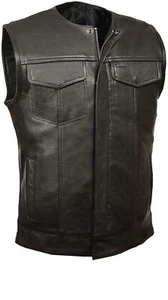 SOA Men's Biker Club Leather Motorcycle Vest Concealed Carry Arms Solid Back  - Picture 1 of 3