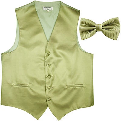 New formal men's tuxedo vest waistcoat_bow tie horizontal stripes sage green - Image 1 of 3