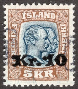 ICELAND 1930, SC-143, VF U 10Kr-on-5Kr with lt cancel scv $600.00 *Bay Stamps* - Picture 1 of 2
