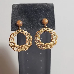 Clip On Dangle Wreath Earrings Brown Mid Century Retro Modernist Boho 1.5" - Picture 1 of 9