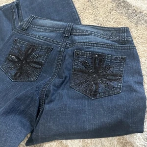 Code Bleu Jeans Annette Size 10 jeweled Boot cut Womens Dark Fancy Pockets New - Picture 1 of 8