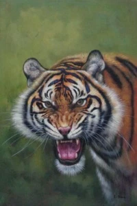 Retrato de cabeza de tigre feroz 36x24 pintura al óleo animal clásico - Imagen 1 de 1