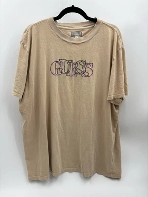 Vintage Guess TShirt Large Embroidered Spellout Tan - Image 1 of 4